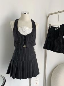 İş elbiseleri yaz kadınlar eski para vintage 2000s estetik gyaru çizgili kıyafetler 2 adet set dantel patchwork tank üstleri mini pileli etekler