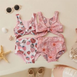 Mayo Tragren Toddler Bebek Bebek Bikini Çilek/Çiçek Baskı Mayo Geri Alınabilir Mayo Yaz Mayosu Takım Takım Plaj Rash Muhafızları