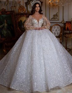 2024 Arabiska Dubai Luxury Wedding Dress Glitter Beading Long Hidees Sequined Ball Gown Bridal Bride Gowns Robe de Mariage Vestido de Noivas