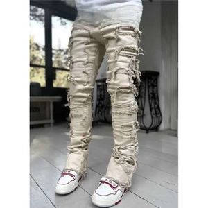 Jeans roxos para homens jeans ajustados patch empilhado angustiado destruído calças jeans reta Roupas de rua de streetwear ritmo de jeans reto de jeans b5bx 774