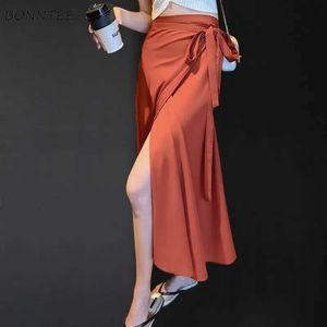 Skirts Slit Midi Skirts Womens One piece Solid Elegant Bandage Design French Style Retro Summer New Full Match Mature Leisure Vacation Q240507