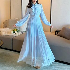 Casual Dresses Spring Woman Dress Light Blue Chiffon Long Sleeve Bow Collar Party Elegant Pleated Bodycon Runway Design Clothing