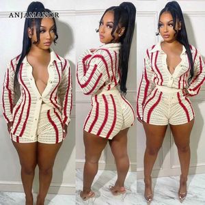 Women's Two Piece Pants ANJAMANOR Striped Knitted Sweater Cardigan and Shorts Two Piece Set Women Clothing Fall 2023 Fashion Matching Sets D35-EG33 T240507