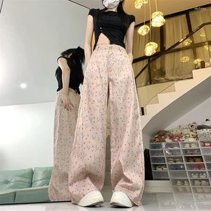 Dżinsy damskie WCFCX Studio Fashion Floral Pants Women Sweet Korean Elegant Elegancka wysoka talia szeroka noga luźne dżinsowe spodnie