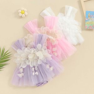 Rompers Infant Baby Clothing Girls Summer Dress 3D Flower Decor Sleeveless Suspender Back Knot Tulle Tutu A-Line H240507