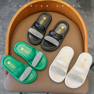 Summer Girls Slippers Chunky Solid Color Crystal Trendy Children Beach Sliders Soft Pu Leather Slip-on Glimmer Kids Shoes 26-37 240426