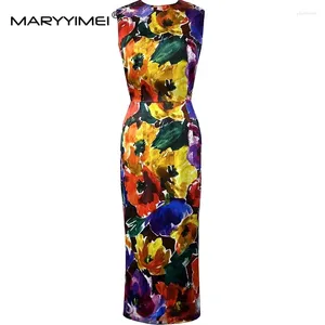 Lässige Kleider Maryyimei Modedesigner Frauen Seiden mit Seiden mit schlankem Vintage ärmellosen Tank Hip Wrap Stifte Split Midi Kleid geteilt