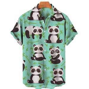 Мужские повседневные рубашки милые панда гавайские рубашки 3D печать мужчины женская одежда летняя пляж короткая блузя мода мода мужская подготовка к отвороту камиса мальчики Y240506