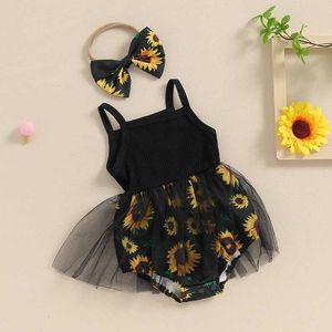 Rompers meninas vestido princesa vestido de girassol com estampa de girassol strap tule skia bainha bodysuits de traje de cabeça para a cabeça de roupas de verão H240507