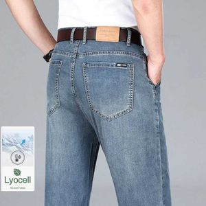 Jeans masculinos 2024 Summer Lyocell Jeans Jeans Mens Ice Silk Business Business Casual elástico calças de jeans soltas Marca de marca Y240507