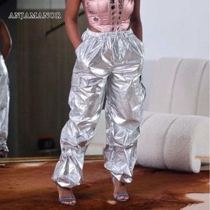 Spodnie damskie Capris Anjamanor Metallic Cargo Spodnie Kobiety Strtwear Silver Black Bottoms Casual Dripstring Spodni 2023 Ubrania mody D48-17 T240507