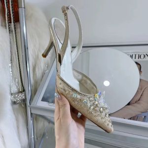 Rene Caovilla Slingbacks 드레스 신발 하이힐 수정 메쉬 레이스 샌들 디자이너 패션 여성 포인트 발가락 웨딩 신발 7.5cm 후면 공허 캐주얼 공장 신발