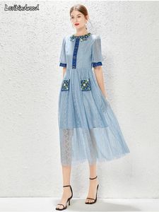 Casual Dresses French Retro Water Soluble Blue Lace Embroidery Dress Jurken Dames 2024 Bubble Sleeve Waist Long Maxi Summer