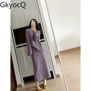 Work Dresses GkyocQ Purple Skirt Set Knit Straight A-line Young Lady Long Sleeve Korean Fashion Pulls Winter Pure Sexy Trendy Clothes