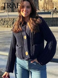 Maglie da donna 2024 Spring Woman's Navy's Navy Blue Mickeater cappotti con bottoni tasche Female Tops Cropan Cardigan Vintage Style Casaul