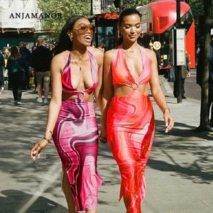 Grundläggande casual klänningar Anjamanor Paisley Print Cutout Backless Halter Slit Bodycon Long Dress Sexig Night Club Outfits For Women Clothing D66-BH21 T240507
