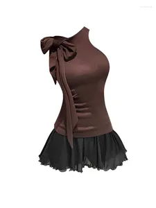 Work Dresses Design Sexy Outfits 2 Piece Skirts Set Brown Turtleneck Tops Sleeveless Slim Elastic Waist A-Line Coquette Gyaru