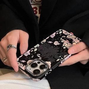 Designer Flower Phone Case per Apple iPhone 14 Pro Max Plus 13 12 Luxury PU in pelle PULLE BUPPARE PULMER Floral Lenti Diamond Rhinestone Cover Coque Fundas Black Y