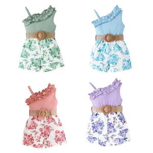 Rompers Kid Clothes Girls Casual Bandage Sleeveless Suspender Jumpsuit For Girl Ruffled Flower Print Overalls Shorts Clothing H240507