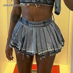 Gonne Anjamanor Blue Denim A Line Allegate Gonne per donna Y2K Strtwear Strtwear Summer High Waist Micro Mini Jean Skirt D87-DE26 T240507