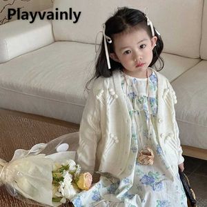 Giacche in stile coreano New Spring Girl Girl Sweet Knitting Coat Bianco Pink V-Neck Long Sundioni a punioni aperti per bambini Cardigan H240507