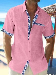 Men's Polos 2023 Summer Fashion Mens Hawaiian Linen Shirt Mens Casual Lace Print Beach Pocket Short Sleeve Plus Size Jacket 5 ColorsL2405