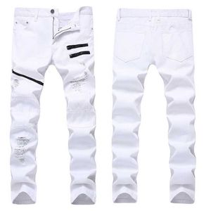 Men's Jeans Fashion Straight Jeans Mens Slim Hole Cotton Straight Badge Patchwork Denim Pants Men White Stretch Hole Design J240507