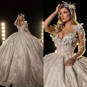 Ballkleider Ärmel V-Ausschnitt 1/2 Hochzeit luxuriöser 3D-Bewerber Perlengericht Kleid Mitte plus Seiten Vestidos de Novia