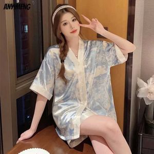 Kobietowa odzież sutowa luksusowa jedwabna piżama i kimono Ice Silk Women Pajama Set Summer Kimono V-dnik Flip Flip Flip Family Set Casual Lounge Odzież Seksowna piżama wx WX