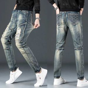 Men's Jeans High Quality Mens Spliced Motorcycle Jeans Brand Slim Fit Hole Embroidery Male Pants Party Hip Hop Plus Size Trousers J240507