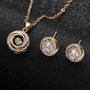 Necklace Earrings Set Fashion Copper Inlaid Zircon Dynamic Spiral Pattern Rotating Pendant Elegant Bridal Wedding Jewelry