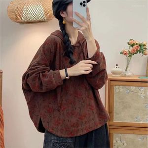 Women's Hoodies Johnature 2024 Woman Spring Retro Print Niche Hooded Long Sleeves Sweatshirts Casual Floral Loose Vintage