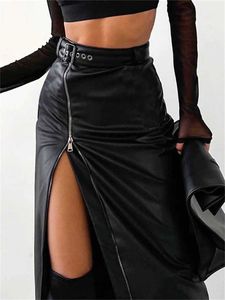 Skirts Wsevypo Black PU Leather High Waist Pencil Skirt Vintage Grunge Womens Zipper High Split Midi with Belt Skiing Q240507