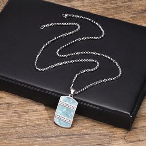 Pendant Necklaces Chinese Tradition Cyan Stone Square Dog Tag Stainless Steel CZ Men's Necklace Birthday Gifts