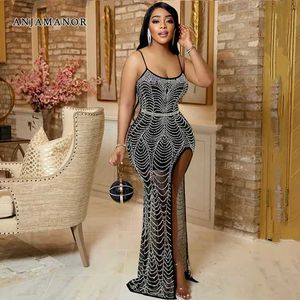 Vestidos casuais básicos Anjamanor Sexy Irregular Split Rhinestone Maxi Dress Vestido elegante de luxo de luxo Glitter Party Nightclub vestidos pretos D42-FH25 T240507