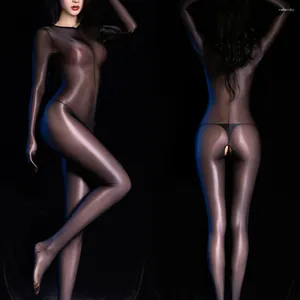 Women Socks Oil Glossy Shiny Open Crotch Full Bodysuit Bandage Cocoons Body Stockings Pantyhose Sheer Jumpsuit See Thourgh Sexy Tight