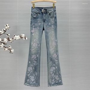 Jeans femininos INS Strass de flor para mulheres Primavera e verão Flare calças 2024 Cantura alta