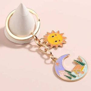 Keychains Lanyards Cute Enamel Keychain Sun Forest House Mountain Key Ring Moon Key Chains For Women Men Handbag Accessorie DIY Jewelry Gifts