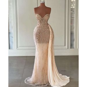 Sparkling Prom Sleeveless Strapless V Neck Appliques Sequins Beaded Dresses High Waist 3D Lace Floor Length Evening Dress Plus Size Custom Made 0431
