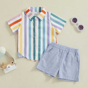 Giyim Setleri Bebek Çocuklar Erkek Çocuklar Günlük Kısa Kollu Çizgili Gömlek Elastik Bel Şortlu Set Toddler Yaz Kıyafet H240507