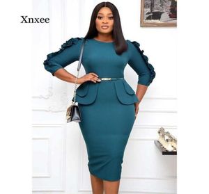 Шея Ruffle Midi Pencil Dress Женщины 34 рукава Африка Одежда для женской одежды одежда женская вечеринка Slim vestidos повседневные платья4741353