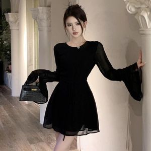 Abiti casual Houzhou Shortlessless Black Short for Women Elegant Back Out Lace Up Long Mash Mesh Sheer Mini Abito da sera estate