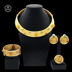 Syhol 24K Original Frauen Luxus Schmuck Set Buntes Strassgold Gold Plated Halskette Klassiker Chokerstil Hochzeits Bankett 240425