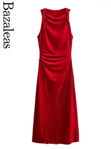 Abiti casual 2024 Bazaleas Store Spring Elegante velluto rosso per donne abbigliamento ufficiale Midi arruffato sexy sottile