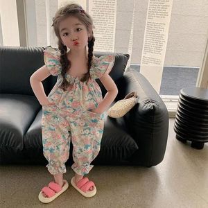 Set di abbigliamento salto estivo coreano per bambini carino ragazza principessa pantaloni cotone di cotone rosa blu nefici per bambini turisce tascabili per maniche per maniche tascabili