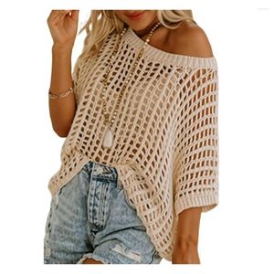 Women's Blouses Casual Women Blouse Shirt Top Short Sleeve See-through Crochet Hollow Knit Sweater Solid Color Loose