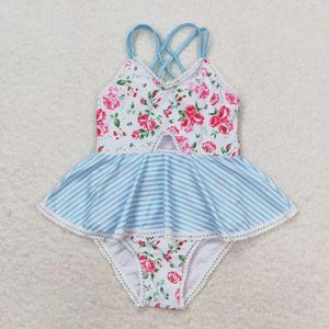 Kleidungsstücke Kinder Sommerkleid Schlinge Top Blumenstreife Spitzendruck mit einteiliger Badeanzug Kinderkleidung