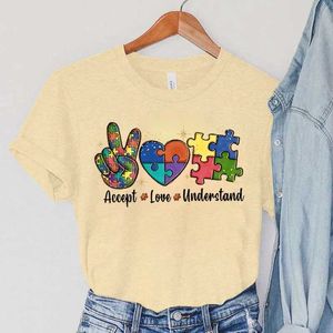 Kvinnors t-shirt acceptera kärlek och förstå tryckt-shirts autism areness t skjortor färg pussel block kvinnor tees harajuku koreanska topps 2023 d240507