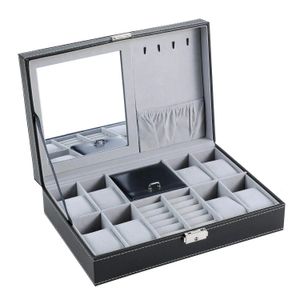 Lnofxas Watch Box 8 Jewelry Box Watch Display Case Organizer Jewelry Trey Storage Box Black PU Leather with Mirror and Lock 240423