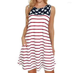 Vestidos casuais com tanques de tanques sem mangas Mini Patriótico Mini com estampa estamçada nacional americano para independência